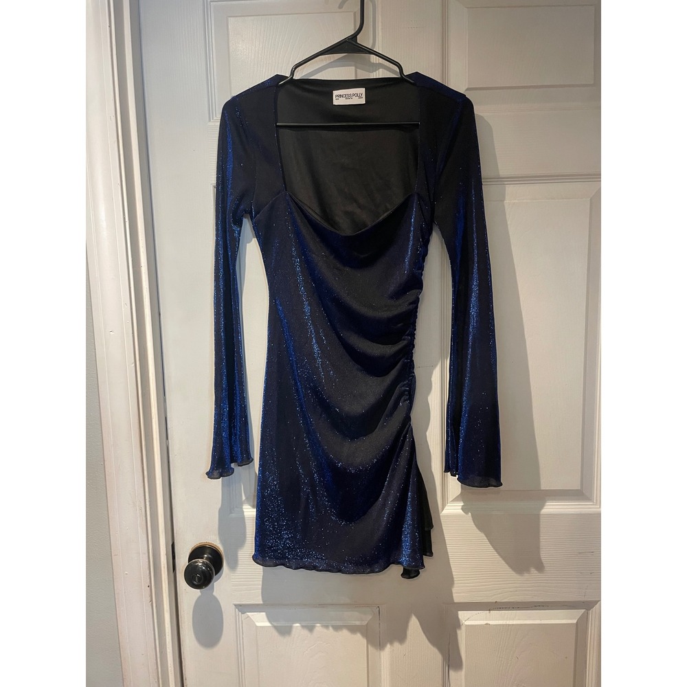 Princess Polly Blue Metallic Glitter Ruched Mini Dress Long Sleeve US 6 Party